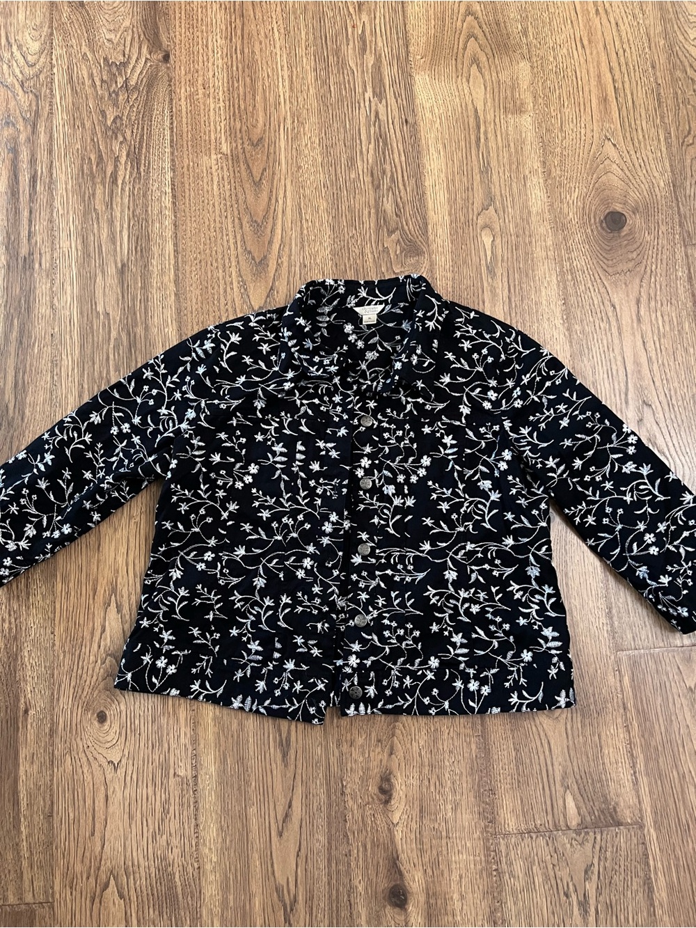Christopher & Banks Black Button-Down Shirt with White Floral Vine Print
